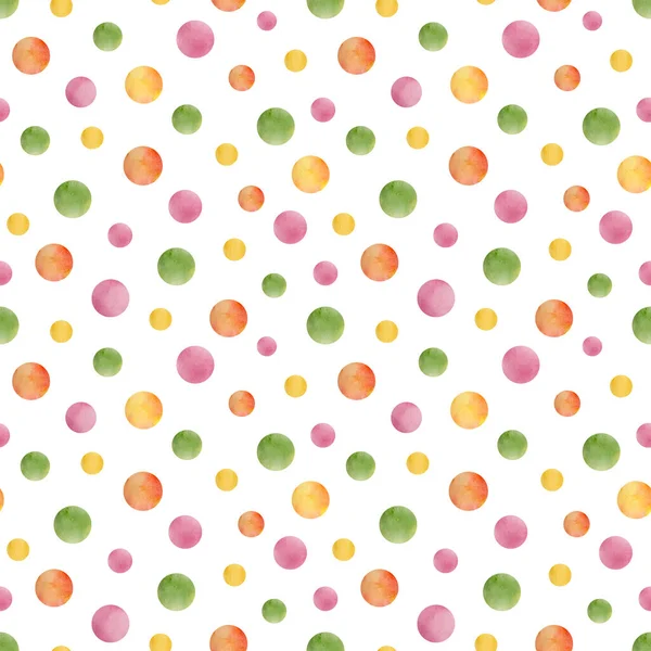 Watercolor colorful dots seamless pattern. Red, green, yellow, pink polka dot repeated tile isolated on white background. Bright merry confetti spot ornament. Round paint shapes drawing