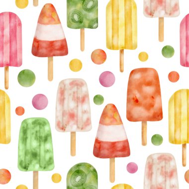 Fruit popsicle seamless pattern. Hand drawn red, yellow, green watercolor ice cream pops isolated on white background. Summer frozen yummy dessert. Cute holiday food repeated design