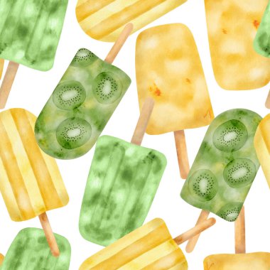 Watercolor popsicle seamless pattern. Hand drawn fresh yellow and green ice cream pops isolated on white background. Summer fruit frozen dessert. Kiwi paleta, mango ice lolly for fabrics