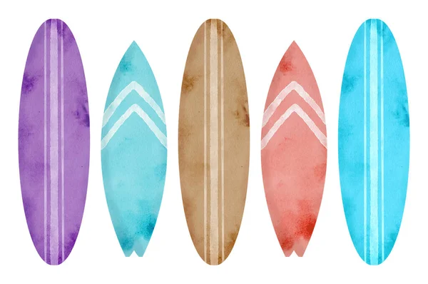 Watercolor Surfboards Illustration Hand Drawn Summer Sport Set Isolated White — Stok fotoğraf