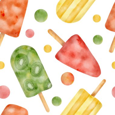 Watercolor popsicle seamless pattern. Hand drawn colorful red, yellow and green ice cream pops isolated on white background. Summer fruit frozen dessert. Kiwi paleta, berry ice lolly for fabrics