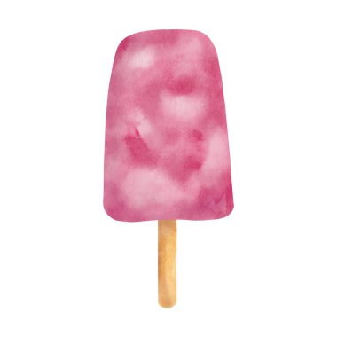 Watercolor pink popsicle. Hand drawn berry ice cream pop illustration isolated on white background. Summer frozen dessert on stick. Fruit ice lolly sketch, Mexican paleta drawing