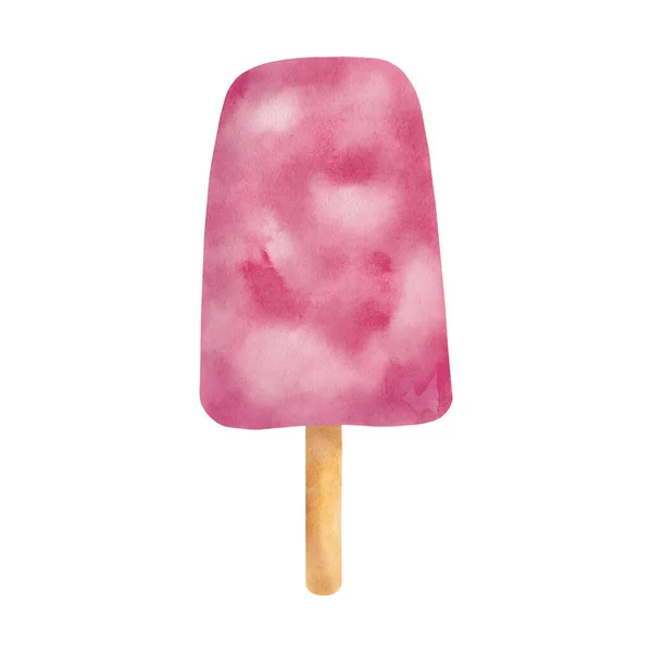 Watercolor pink popsicle. Hand drawn berry ice cream pop illustration isolated on white background. Summer frozen dessert on stick. Fruit ice lolly sketch, Mexican paleta drawing