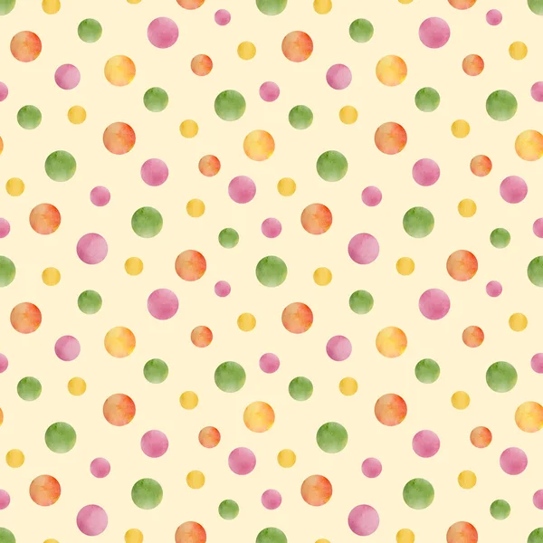 Watercolor dots seamless pattern. Red, green, pink polka dot repeated tile on light yellow background. Bright colorful confetti spot ornament. Round paint shapes design for birthday, party, wrapping