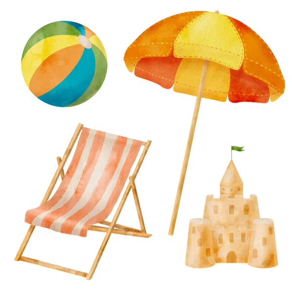 Watercolor Beach Vacation Set Hand Drawn Beach Umbrella Deckchair Sand — Stok fotoğraf