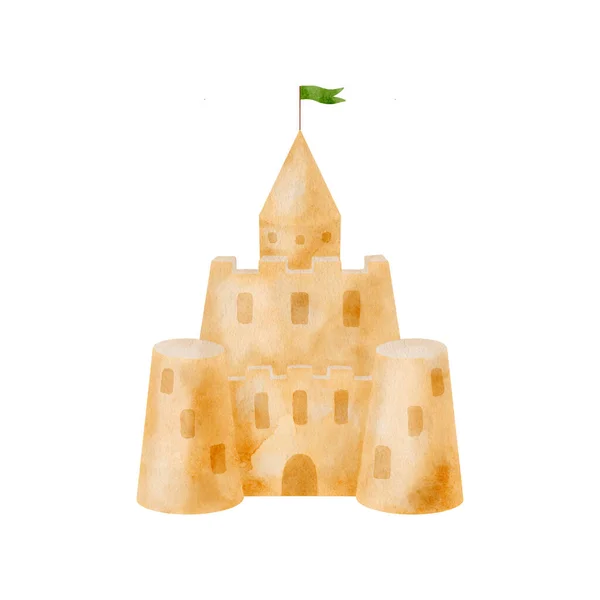 Watercolor sand castle illustration. Hand drawn house with towers and flag built by kids isolated on white background. Summer beach element sketch. Sea resort game