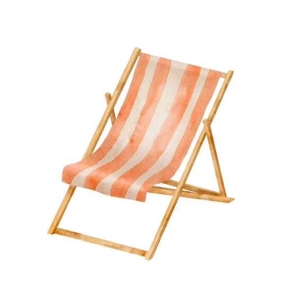 Watercolor Beach Chair Illustration Hand Drawn Wooden Striped Deckchair Isolated — Foto Stock