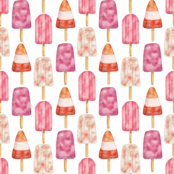 Watercolor Pink Popsicle Seamless Pattern Hand Painted Strawberry Cream Ice — ストック写真