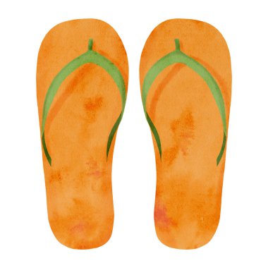 Watercolor flip flops illustration. Hand drawn orange summer slippers isolated on white. Pair of beach shoes. Holiday trip footwear sketch