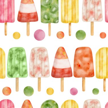 Watercolor popsicle seamless pattern. Hand drawn red, yellow, green ice cream pops in line isolated on white background. Summer fruit frozen dessert. Cute food repeated design for wrapping, textile