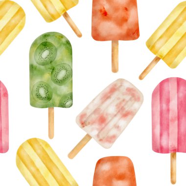 Watercolor popsicle seamless pattern. Hand drawn colorful red, yellow and green ice cream pops isolated on white background. Summer fruit frozen dessert. Kiwi paleta, berry ice lolly for fabrics