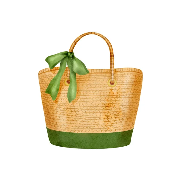 Watercolor Beach Bag Illustration Hand Drawn Straw Tote Bag Green —  Fotos de Stock