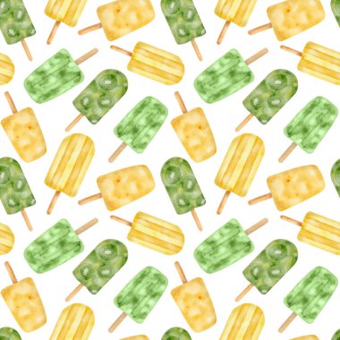 Watercolor popsicle seamless pattern. Hand drawn fresh yellow and green ice cream pops isolated on white background. Summer fruit frozen dessert. Kiwi paleta, mango ice lolly for fabrics