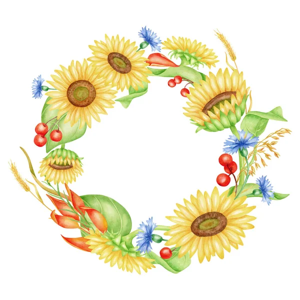 Watercolor Sunflower Wreath Hand Painted Floral Frame Yellow Flowers Cornflowers — Foto Stock