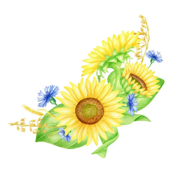 Watercolor Yellow Blue Flowers Illustration Hand Painted Sunflowers Cornflowers Wheat — Stockfoto