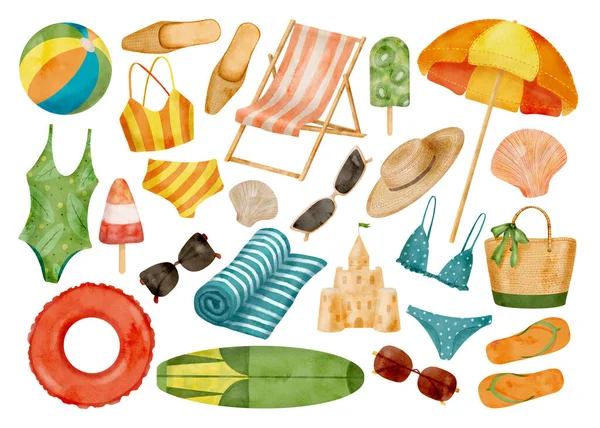 Watercolor Beach Vacation Set Hand Drawn Swimsuit Beach Umbrella Chair —  Fotos de Stock