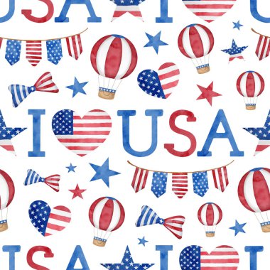 4th of July watercolor seamless pattern. Hand drawn American patriotic symbols. USA flag in heart shape, hot air balloon, stars and stripes in traditional blue and red colors isolated on white