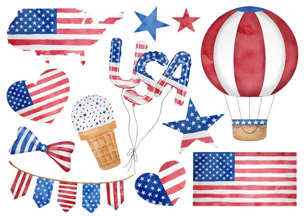 4Th July Watercolor Set Hand Drawn American Patriotic Symbols Usa — Stock fotografie