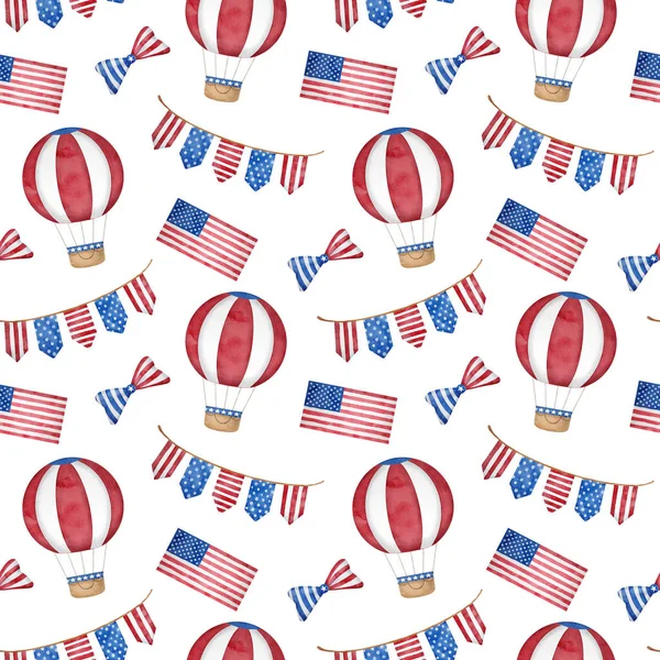4Th July Watercolor Seamless Pattern Hand Drawn American Patriotic Symbols — Stockfoto