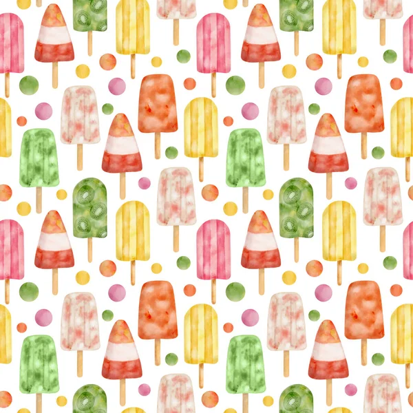 Fruit Popsicle Seamless Pattern Hand Drawn Red Yellow Green Watercolor — 스톡 사진