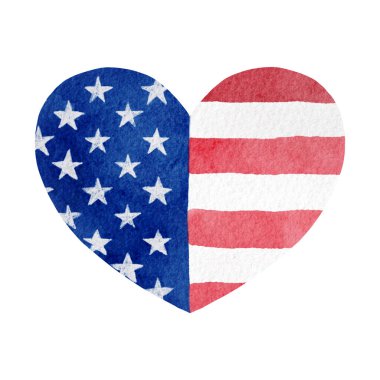 USA flag heart illustration. Hand painted watercolor American patriotic design. Happy 4th of July. I love the USA print. Blue and red stars and stripes. Patriotic element isolated on white