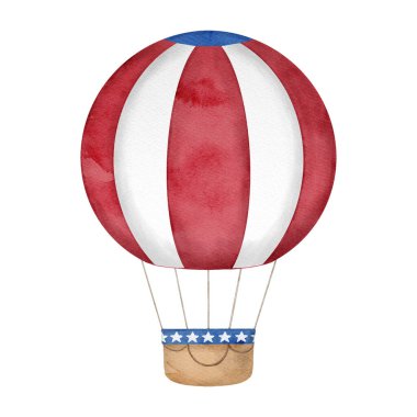 Watercolor American hot air ballon with traditional stars and stripes. Happy 4th of July illustration in USA flag colors isolated on white. Patriotic Independence Day design for cards, banner, poster