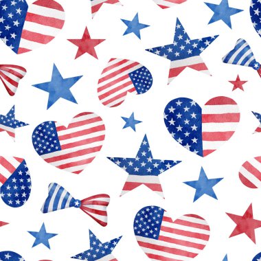 4th of July watercolor seamless pattern. Hand drawn ribbon bows, stars and hearts with American flag isolated on white background. I love USA repeated design