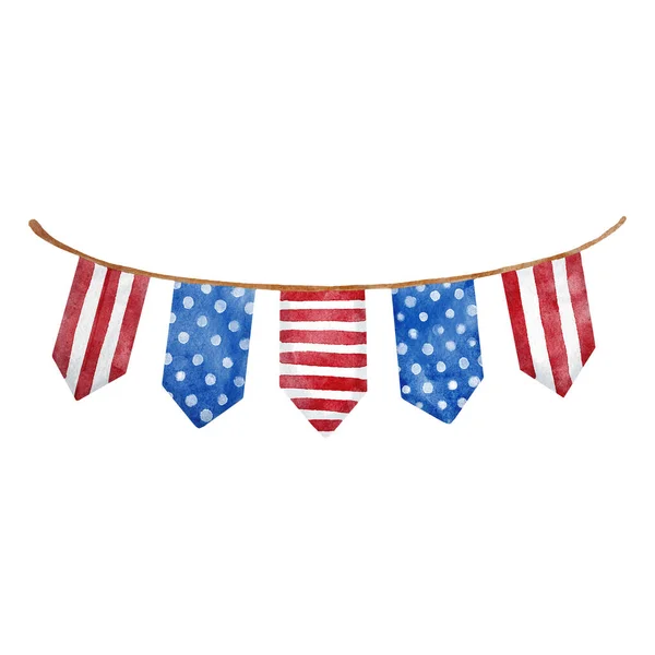Watercolor American flag bunting illustration. Hand painted USA garland string with stars and stripes isolated on white background. Happy 4th of July border. Patriotic red and blue decoration