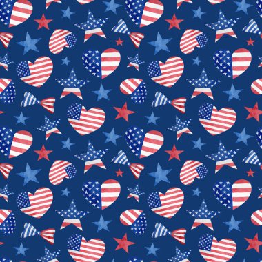 4th of July watercolor seamless pattern. Hand drawn ribbon bows, stars and hearts with American flag on dark blue background. I love USA repeated design