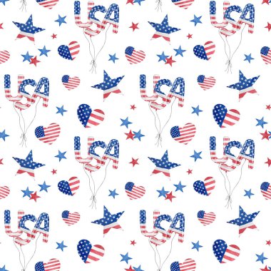 Watercolor USA patriotic seamless pattern. Hand painted bunch of balloons, stars and hearts in blue and red colors of American flag. Happy 4th of July background. Repeated Independence Day design