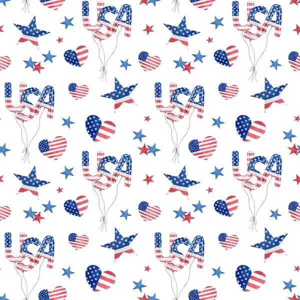 Watercolor Usa Patriotic Seamless Pattern Hand Painted Bunch Balloons Stars — Foto Stock