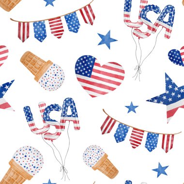 American watercolor seamless pattern. Hand drawn USA patriotic symbols in traditional blue red color. Balloons with usa letters, ice cream, heart with stars and stripes isolated on white background