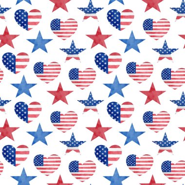 4th of July watercolor seamless pattern. Hand drawn stars and hearts with American flag isolated on white background. I love USA repeated design