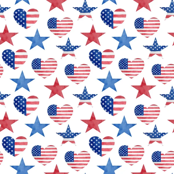 Июля Акварель Бесшовный Узор Ручные Нарисованные Звезды Сердца Американским Флагом — стоковое фото