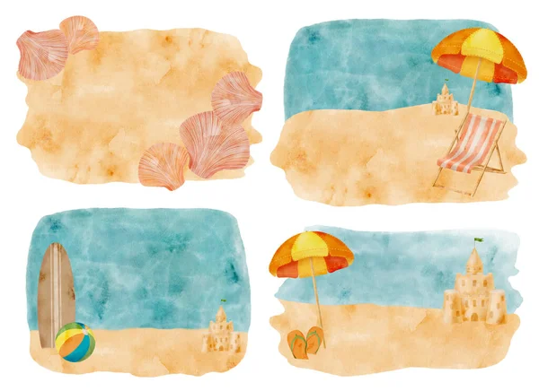 Watercolor Summer Beach Backgrounds Set Hand Drawn Seaside Illustrations Beach — ストック写真