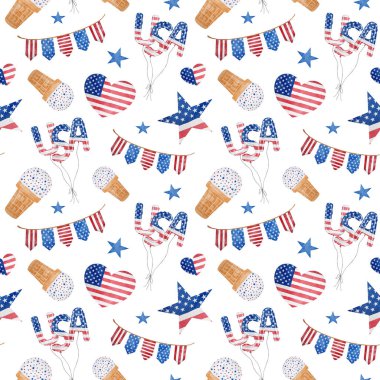 American watercolor seamless pattern. Hand drawn USA patriotic symbols in traditional blue red color. Balloons with usa letters, ice cream, heart with stars and stripes isolated on white background