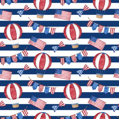 4th of July watercolor seamless pattern. Hand drawn American patriotic symbols in traditional blue and red color on striped background. Flying USA hot air balloons, stars and stripes flag