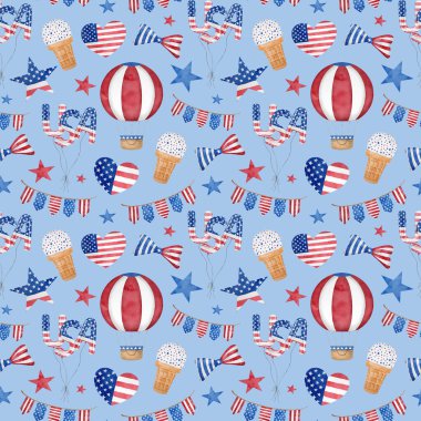 Independence Day watercolor seamless pattern. Hand drawn American patriotic symbols in traditional blue and red colors. USA balloons, ice cream, ribbon bow, stars and stripes on light blue background
