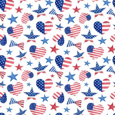 4th of July watercolor seamless pattern. Hand drawn ribbon bows, stars and hearts with American flag isolated on white background. I love USA repeated design