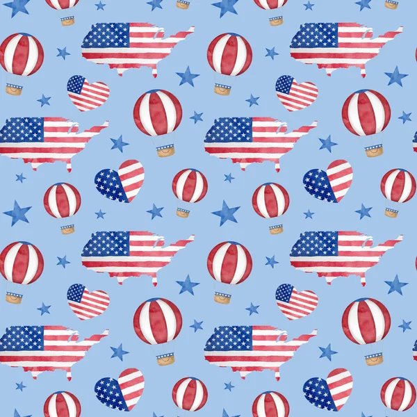 Usa Independence Day Seamless Pattern Hand Drawn Watercolor Map American — Stock fotografie