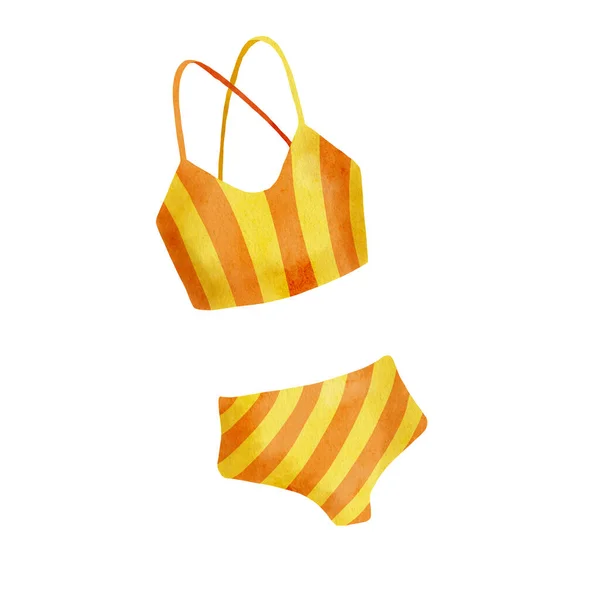 Watercolor Swimsuit Illustration Hand Drawn Yellow Striped Sports Bra Shorts — Stockfoto