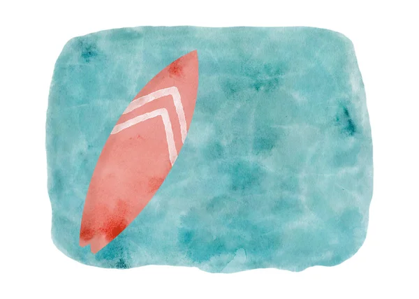 Watercolor Surfboard Blue Sea Illustration Hand Drawn Red Surf Board — Foto Stock
