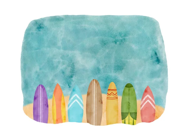 Watercolor Beach Background Hand Drawn Surfboards Standing Sand Sea Water — ストック写真