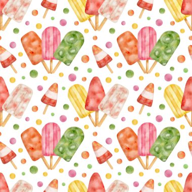 Watercolor popsicle seamless pattern. Hand painted cute colorful ice cream pops isolated on white background. Summer food repeated design. Holiday festival yummy sweets for wrapping and print