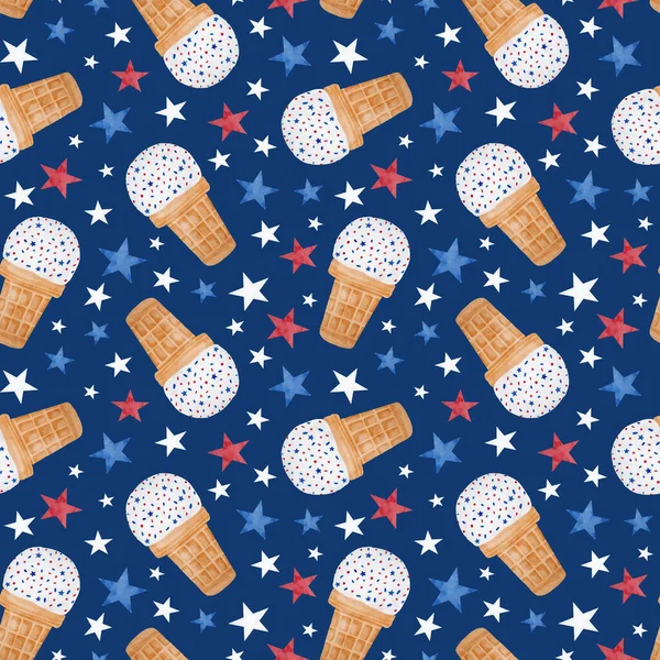 Watercolor Patriotic Usa Seamless Pattern Waffle Cone Ice Creame Hand — Zdjęcie stockowe