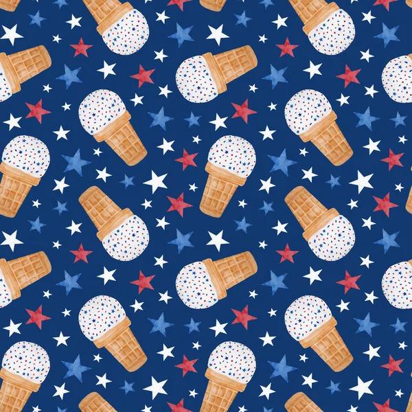 Watercolor Patriotic Usa Seamless Pattern Waffle Cone Ice Creame Hand — Stok fotoğraf