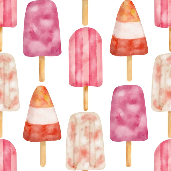 Watercolor pink popsicle seamless pattern. Hand painted strawberry and cream ice pops isolated on white background. Summer frozen dessert. Fruit paleta drawing print, cute dessert repeated design