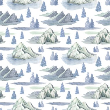 Watercolor winter landscape seamless pattern. Hand drawn high snowy mountain peaks, blue fir trees and splash textures isolated on white background. Foggy woodland scenery. Nature illustration design