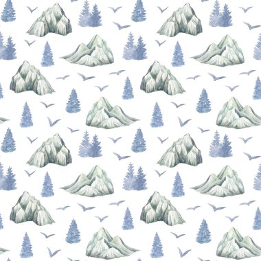 Watercolor winter mountains seamless pattern. Hand drawn high snowy peaks with blue fir trees isolated on white background. Foggy woodland landscape. Nature design for hiking, travel, printing