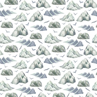Watercolor winter mountains seamless pattern. Hand painted high frozen mountain peaks with flying birds isolated on white background. Nordic scandinavian design in blue and gray color for wrapping